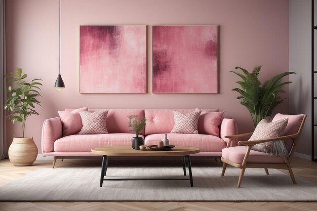 Sofá rosa con almohadas con patrones y mesa de café de madera con sillón y pintura