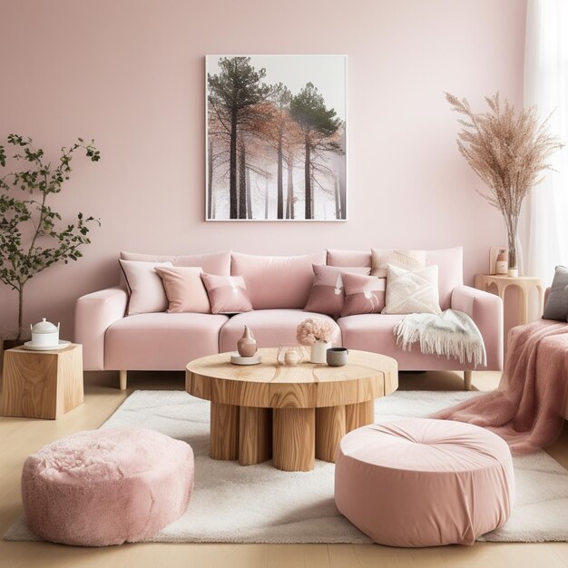 Foto sofá rosa arafed y otomanos en una sala de estar con una pared rosa generativa ai