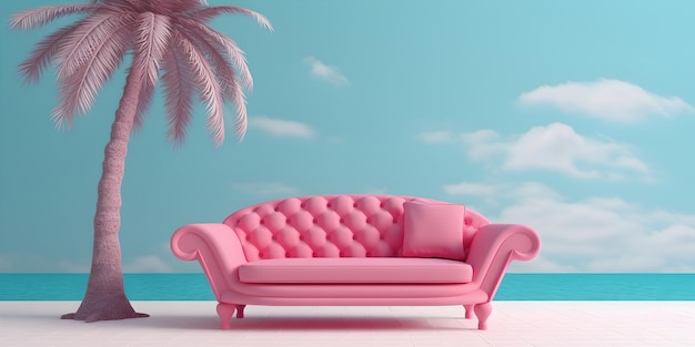 Foto sofá rosa com almofada contra o céu azul com palmeira lugar para relaxar ao lado da água cartão de férias de verão desigh copy space ai generated