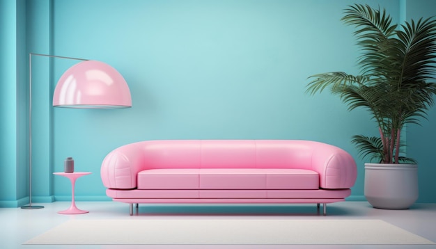 Sofá rosa contemporáneo con paredes azules acuamarinas y flor tropical con espacio para copiar