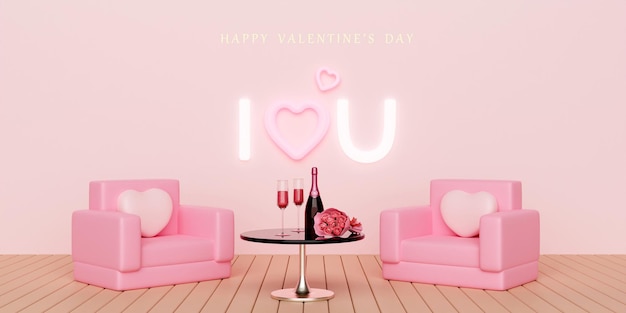 Sofá rosa decorado con texto del día de San Valentín luz de neón d render ilustración