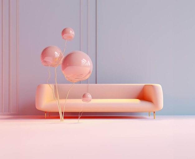 sofá rosa en una habitación azul con una decoración de vidrio