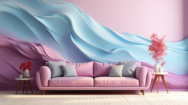 un sofá rosa con una sábana azul en la pared