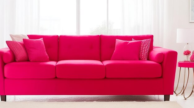 Sofá rosa en salón rojo con espacio para copiar