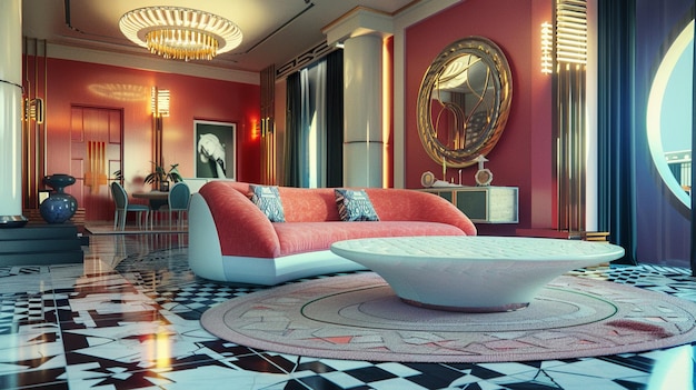 un sofá rosa con un sofá rosado y un gran espejo
