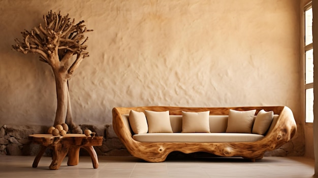 Sofá rústico hecho de tronco de árbol de madera sólida y mesa lateral