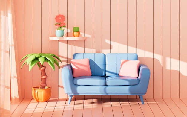Sofa de sala de estar de dibujos animados y pared de estilo minimalista y cómodo renderizado en 3D
