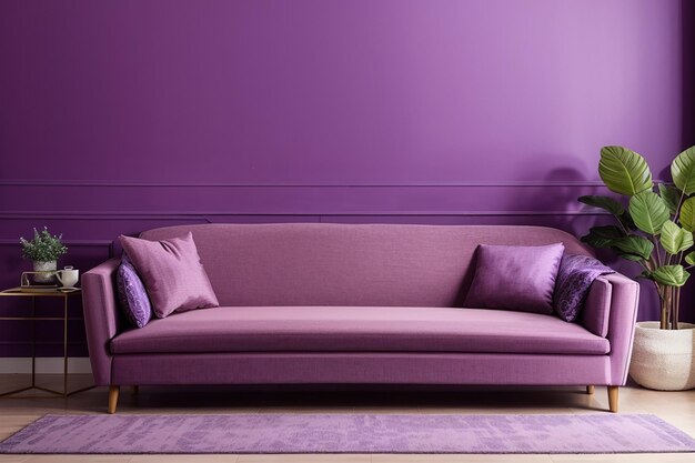 Foto sofá en salón morado con espacio para copiar