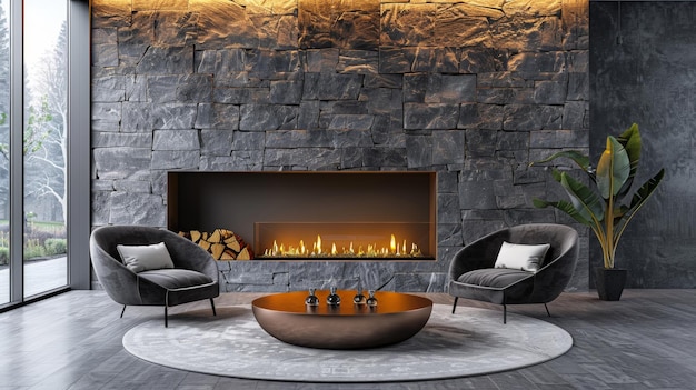 Sofá y silla en una habitación con chimenea y paredes de piedra Sala de estar moderna Diseño interior de casa de mediados de siglo