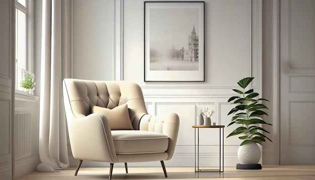 Sofá de sillón de diseño interior moderno en la sala de estar con ventanas cercanas y marco de póster simulado