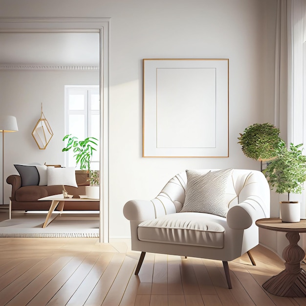 Sofá de sillón de diseño interior moderno en la sala de estar con ventanas cercanas y marco de póster simulado