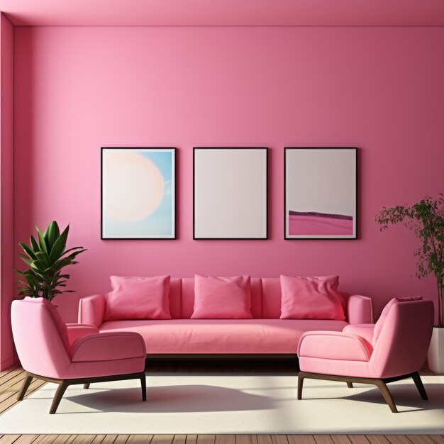 Sofá y sillones rosados contra la ventana cerca de la pared de estuco rosado con marco de póster de arte