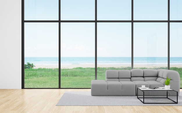 Sofá sobre suelo de madera de gran salón en casa moderna o hotel de lujo con vistas al cielo y al mar
