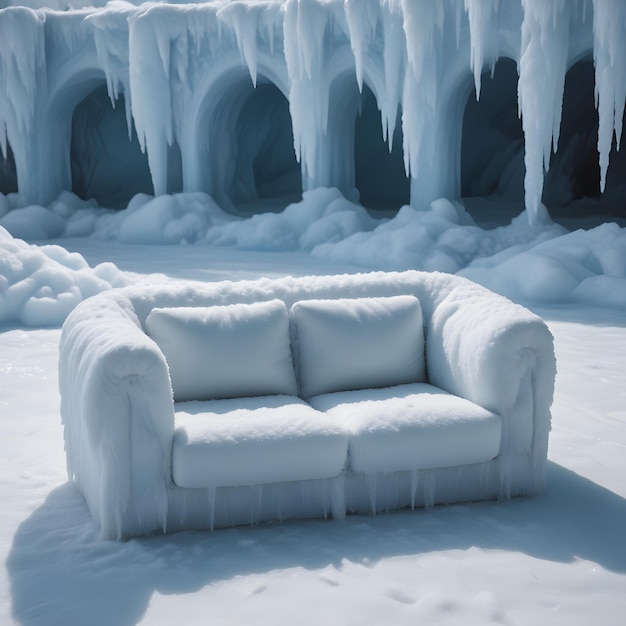 un sofá con un sofá en la nieve y el hielo