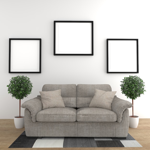 El sofá soporta la lámpara y los marcos de las plantas - piso de madera en el fondo blanco de la pared. Representación 3D