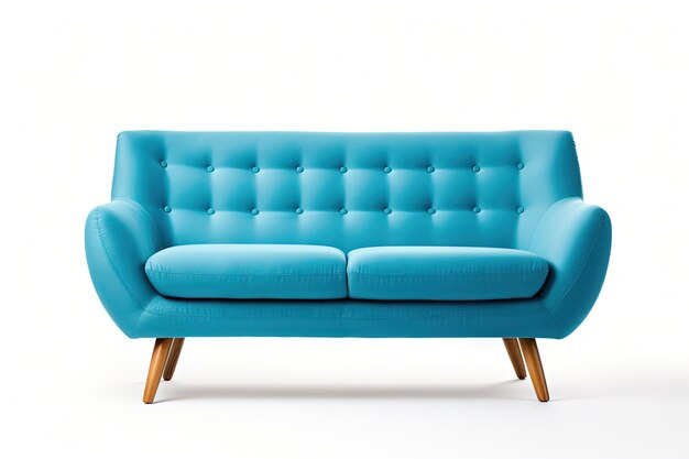 Sofá de tela azul con patas de madera aislado sobre fondo blanco Serie de muebles