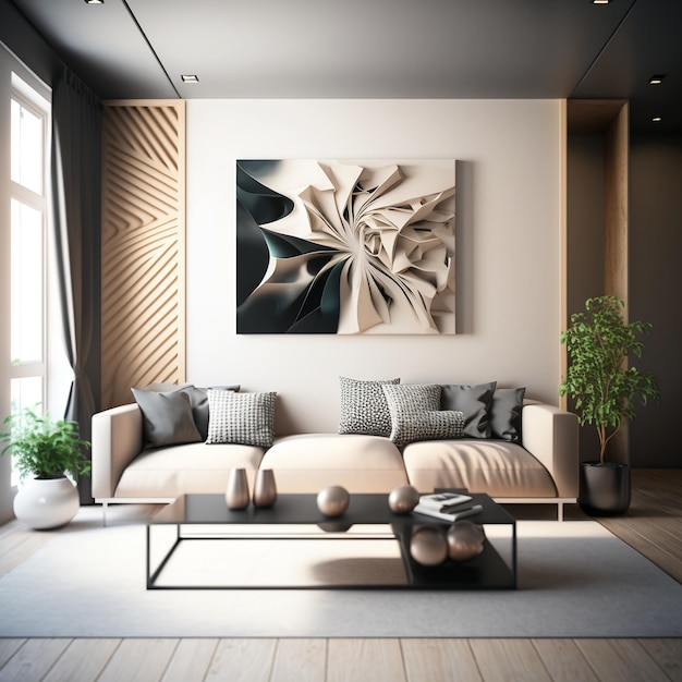El sofá de tela beige contemporáneo realza la IA generativa de la sala de estar moderna