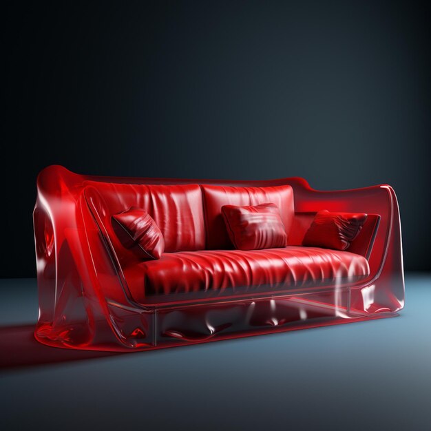 Sofa de tela roja con biónica transparente en un fondo aislado