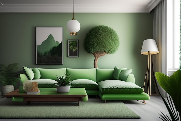 Sofa de tela verde salvia de estilo retro de mediados de siglo con manta de cojín árbol tropical verde sobre p blanco