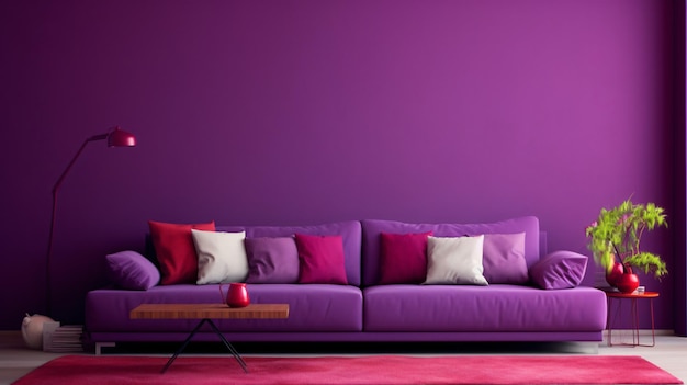 El sofá de tela vibrante de la esquina cerca de la pared púrpura