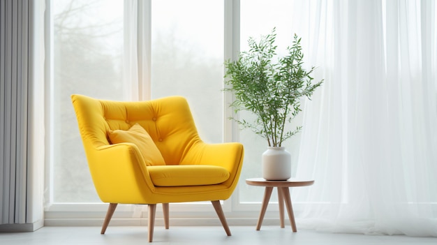 Sofa de terciopelo amarillo cerca de la pared de estuco con madera