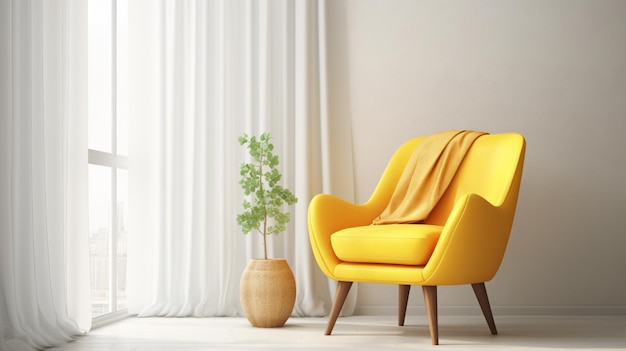 Sofa de terciopelo amarillo cerca de la pared de estuco con madera