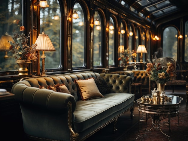 Sofá de terciopelo dentro de un vagón de tren al estilo de lujo con una mesa y ventanas iluminadas por lámparas para iluminar IA generativa
