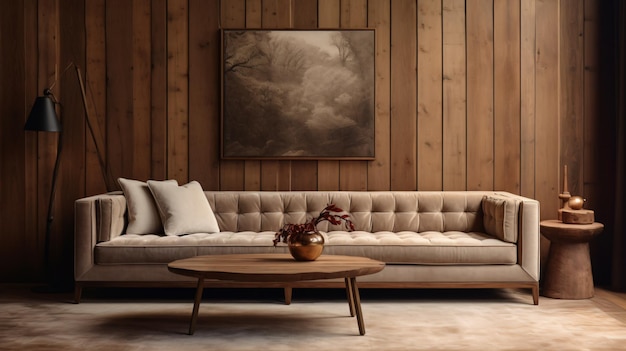 Sofa de terciopelo de esquina beige en una habitación con pared de madera