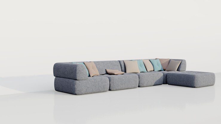 Foto sofá de terciopelo gris interior de renderizado en 3d con almohadas de crema y azules