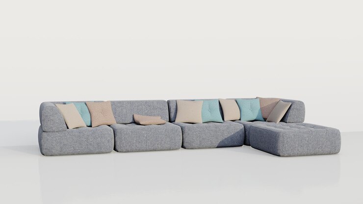 Foto sofá de terciopelo gris interior de renderizado en 3d con almohadas de crema y azules