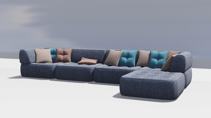 Foto sofá de terciopelo gris interior de renderizado en 3d con almohadas de crema y azules