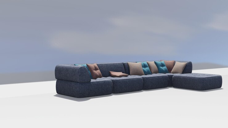 Foto sofá de terciopelo gris interior de renderizado en 3d con almohadas de crema y azules