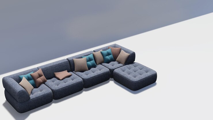 Foto sofá de terciopelo gris interior de renderizado en 3d con almohadas de crema y azules