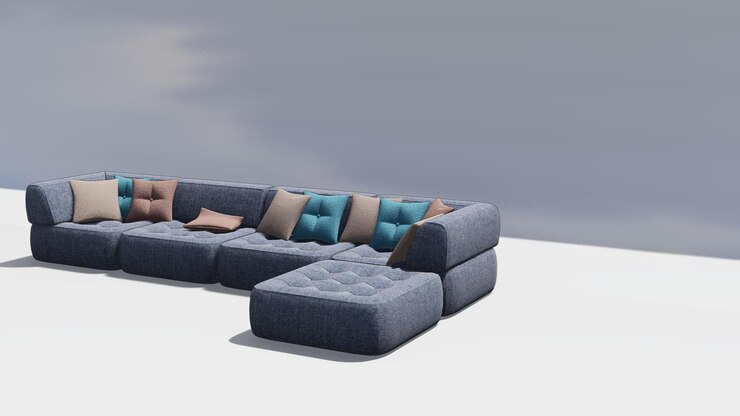 Foto sofá de terciopelo gris interior de renderizado en 3d con almohadas de crema y azules