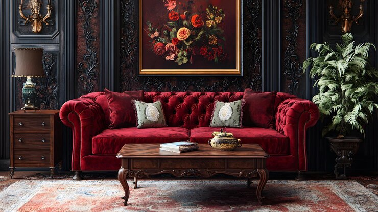 Un sofá de terciopelo rojo y una mesa de café ornamentada en un interior de lujo