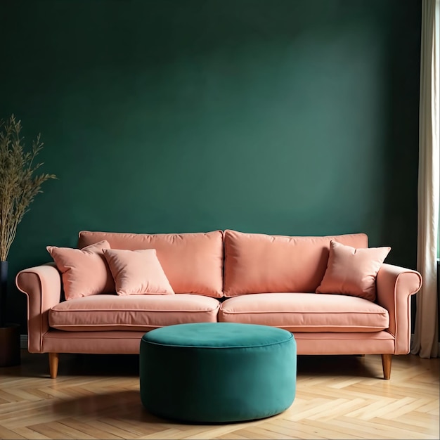 Sofá de terciopelo rosa con verde otomano