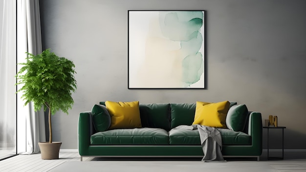 sofá de terciopelo verde dentro de un dormitorio con pinturas en el estilo de lavado de tinta minimalista