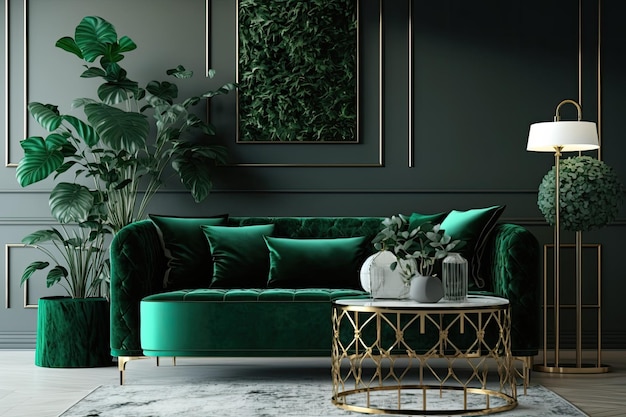 Con un sofá de terciopelo verde, una mesa de centro personalizada, una lámpara de mesa de mármol, un macizo de flores dorado colgante.