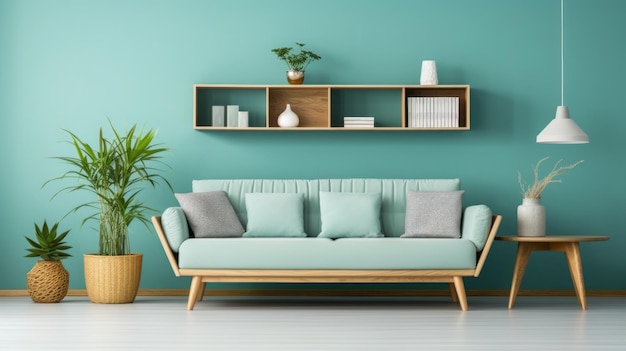 Sofá turquesa claro y estantería de madera cerca de la pared verde azulado Diseño interior escandinavo