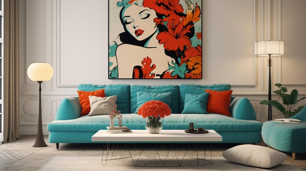 Sofá turquesa e grandes pôsteres Design de interiores de sala de estar moderna