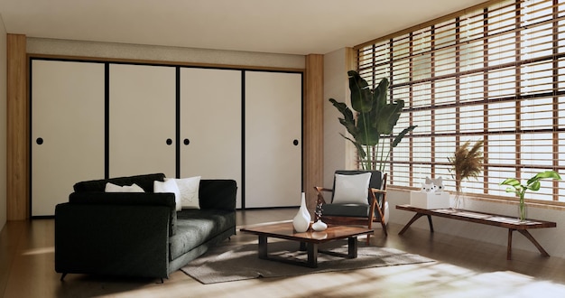 Sofa und Dekoration japanisch auf Modernes Zimmer Interieur wabisabi style3D-Rendering