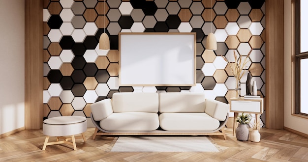 Sofa- und Dekorationspflanzen, Hexagonfliesen aus Holz, Weiß, Schwarz an der Wand Moderner Raum minimalistisch. 3D-Rendering