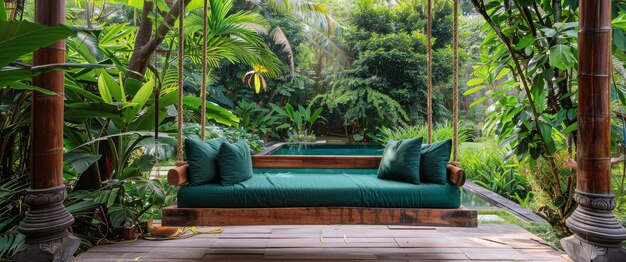 El sofá verde al lado de la piscina