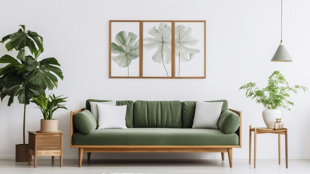 Foto sofa verde e mesa de madeira no interior da sala de estar com parede branca de planta