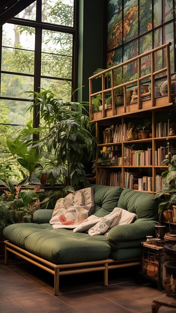 un sofá verde con un estante lleno de libros y un estante