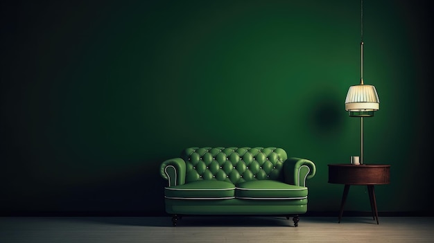 Un sofá verde en una habitación oscura con una lámpara a un lado.