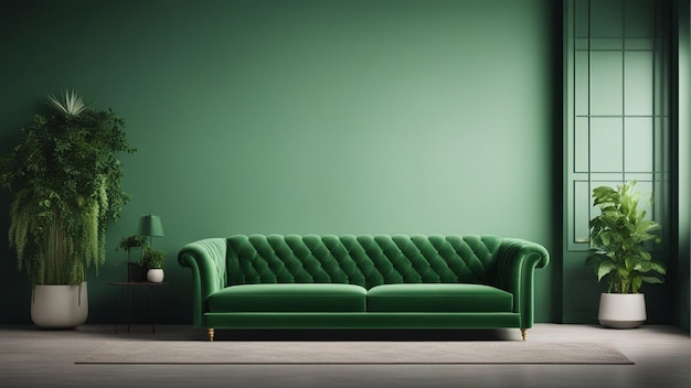 Un sofá verde hiper realista con un fondo de pared verde claro de 8k