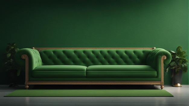 Un sofá verde hiper realista con un fondo de pared verde claro de 8k