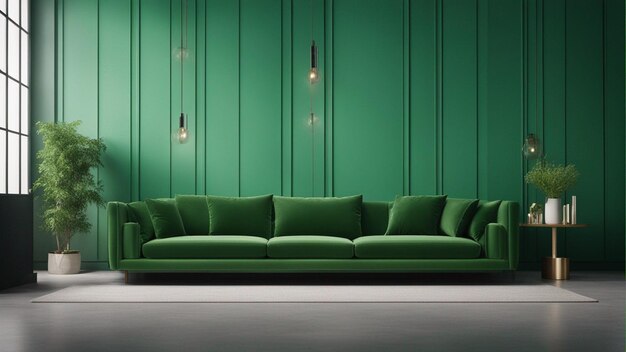 Un sofá verde hiperrealista con fondo de pared verde claro 8k