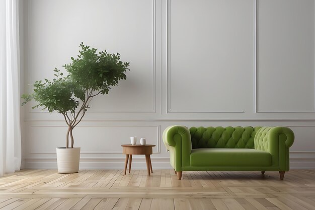 Sofa verde en el interior clásico con ventana ilustración de renderización 3d